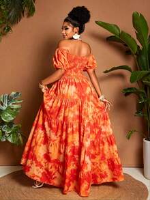 Maweii Plus Size Tie-Dye Print Off-Shoulder Casual Dress - Red - View 2