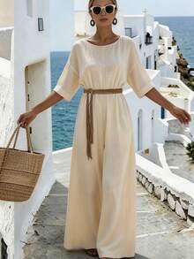 Selamara Women's Short Sleeve Round Neck Drop Shoulder Wide Leg Jumpsuit Vacation Beige Autumn Casual - Apricot - View 3