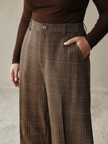 Anewsta Plus Size Women's Plaid Wide-Leg Suit Pants, Brown, Lightweight Luxury Niche Design, British Style, Suitable For Commuting, Daily Wear And Outings - Brown - View 4