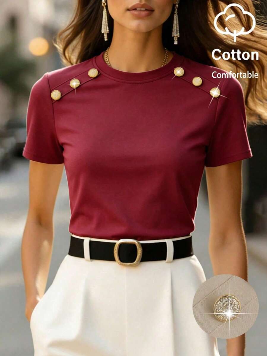 EMERY ROSE Áo thun cotton mùa hè dành cho nữ, chất liệu dệt kim, co giãn, ôm sát, cổ tròn, tay raglan, có nút trang trí, thắt eo, thời trang, thanh lịch, thoải mái. - Đỏ - Xem 1