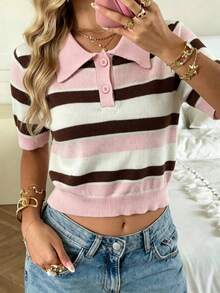 SHEIN EZwear Áo thun nữ kiểu dáng thường ngày, họa tiết kẻ sọc hồng và nâu, cổ polo, tay ngắn màu nâu đậm - Áo thun dáng ôm kiểu Pháp cổ điển, thanh lịch, dễ thương, nhẹ nhàng, phong cách vintage cho phái nữ, hoàn hảo. - Nhiều màu - Xem 3