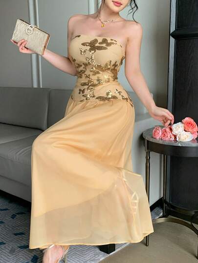 DAZY Gold Butterfly Sequin Bustier Top & Flared Skirt 2 Pieces Set, Fashionable For Spring & Summer