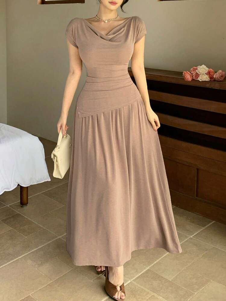 Spring & Summer Grey Off Shoulder Asymmetrical Waist Short Sleeve T-Shirt + Elastic Waist Skirt 2-Piece Set For Women