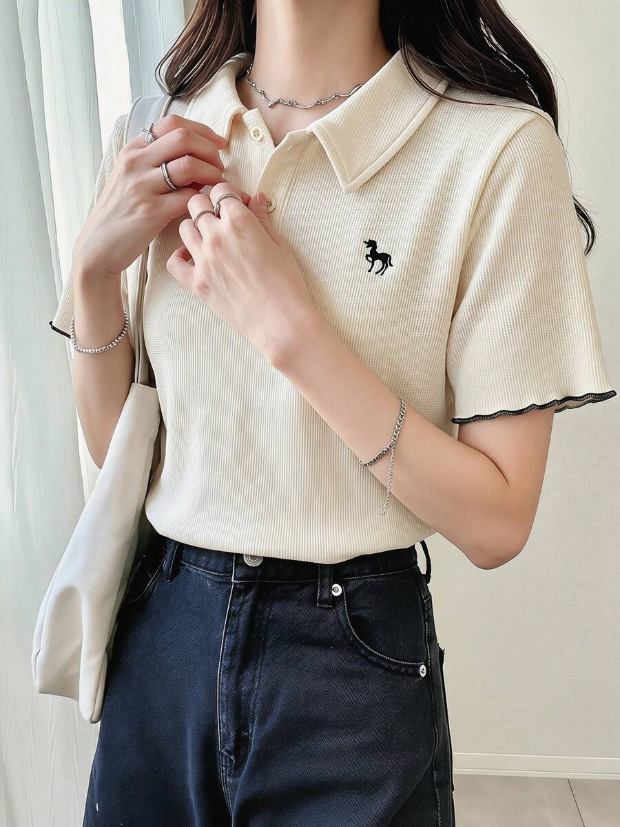 FRIFUL 女士杏色基础款 Polo 领刺绣 T 恤,翻领短袖夏季服装 - 杏色 - 查看 1