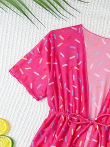SHEIN 女童（小号）泳衣套装，可爱粉色甜甜圈印花三件套泳衣，时尚休闲优雅，适合游泳、度假、夏季穿着 - 粉色 - 查看 3