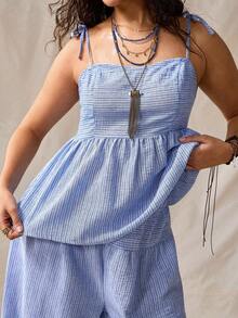 Nubod Plus Size Women Blue And White Camisole And Casual Boho Pants Vacation Set Beach Vacation Summer - Blue - View 4