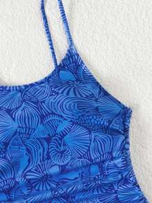 SHEIN Swim 女士夏季沙滩度假印花细肩带露背抽绳侧边修身连体泳衣 - 藍色 - 查看 6