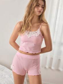 Ocili Bộ đồ ngủ nữ gồm áo hai dây và quần short viền ren. - Màu Hồng baby - Xem 5