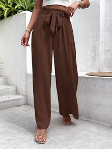 Serisse Paperbag Waist Belted Straight Bow Tie Wide Leg Pants - Brown - View 14