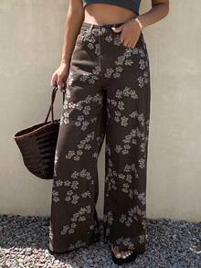 DAZY Quần jeans nữ ống đứng dáng suông, cạp thường, họa tiết hoa, phong cách đường phố. - màu nâu - Xem 1