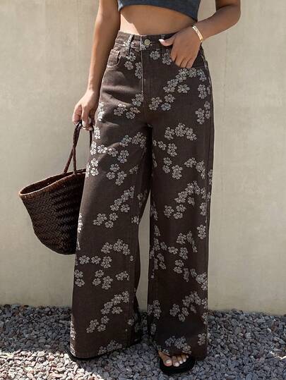 DAZY Quần jeans nữ ống đứng dáng suông, cạp thường, họa tiết hoa, phong cách đường phố.