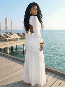 Slaydiva Vestido de protección solar para mujeres, sin mangas, plisado, cintura ceñida, espalda descubierta, empalme de malla, para fiesta de cumpleaños de verano, vacaciones, playa, boda - Blanco - Ver 3