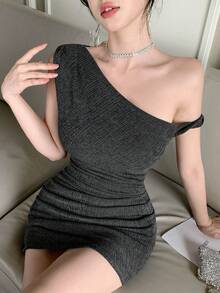 Joudiya 夏季音樂節約會之夜不對稱單肩T恤洋裝，優雅修身短洋裝，婚禮、派對、宴會深灰色陽光裙 - 黑色 - 查看 11