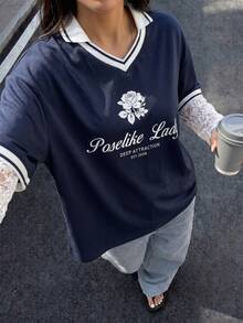 Solavon 女士休闲撞色滚边字母印花T恤,夏季 - 寶藍色 - 查看 9