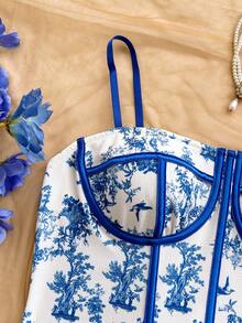 Soleia Plus Size Vintage Floral Contrast Color Camisole For Women, Suitable For Holiday, Date, Afternoon Tea, Vacation, Music Festival, Bohemian Style - Blue and White - View 6