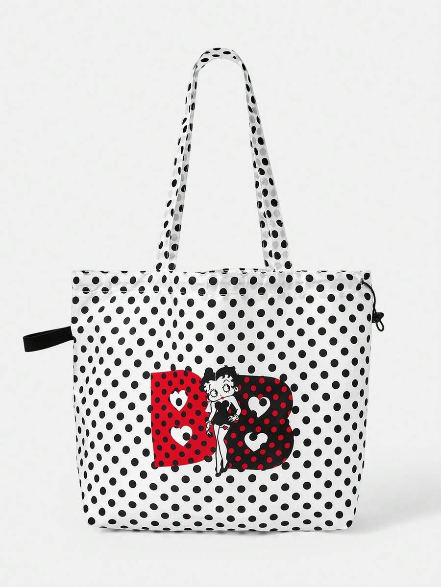Betty Boop x SHEIN Túi xách cỡ lớn in hình chữ cái chấm bi đen trắng, họa tiết chữ "Love Letter". - trắng - Xem 1