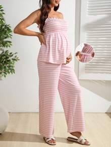 SHEIN Conjunto casual cómodo, adecuado para usar en primavera y verano, que incluye top tubo de hombros descubiertos a rayas y pantalones a juego; conjunto casual de moda para mujeres embarazadas - Rosa - Ver 4