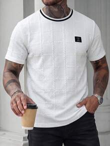 Manfinity Homme Men's White Short Sleeve T-Shirt,Summer Casual Vacation Fashionable Textured Plaid Patterned Fabric,Contrast Color Round Neck Trim,Vintage Old Money - Multicolor - View 6