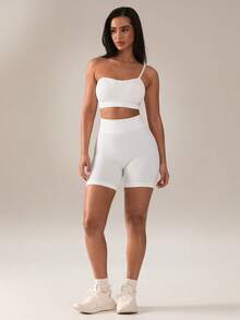 SHEIN BAE Bộ đồ tập yoga màu trắng dành cho nữ, gồm áo ngực thể thao và quần short. - trắng - Xem 5