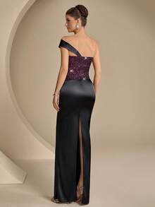 Coutiva Asymmetrical One Shoulder Sequin Satin Mermaid Evening Dress, Ruched High Split Bodycon Formal Party Gown, Elegant Wedding Guest Long Dress - Black - View 2