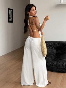 Coolane Women's Solid Color Halter Tie Ruched Top And Wide Leg Pants Casual 2-Piece Set - White - View 8
