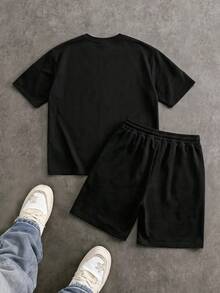 SWAVVY 男士印花圆领短袖T恤和短裤休闲日常穿搭 - 黑色 - 查看 2
