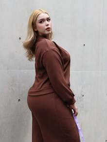 CHERRY TINTT SELECTION Plus Size Casual Solid Color Sweatshirt And Sweatpants Set Elegant - Brown - View 5