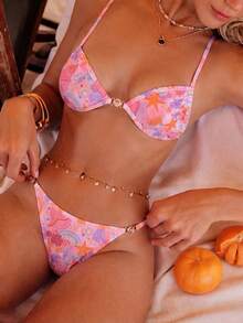 Swim Vcay Conjunto de bikini de verano para mujer con estampado de lunares y estrellas de mar, con escote halter y lazos, traje de baño sexy - Multicolor - Ver 1