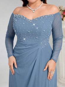 Coutiva Plus Size Beaded Off Shoulder Formal Evening Gown - Baby Blue - View 6