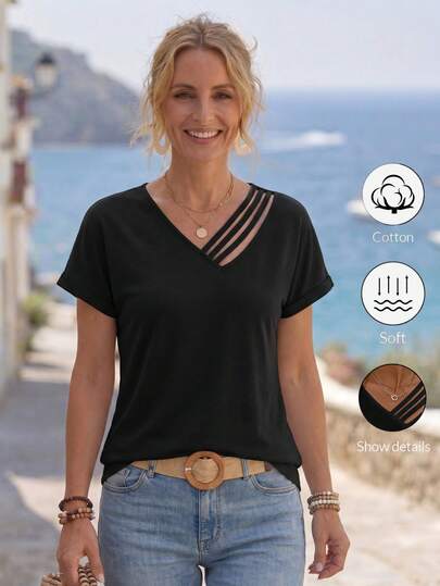 SHEIN LUNE Camiseta Casual De Manga Corta Y Cuello En V De Color Sólido Para Mujer En Verano