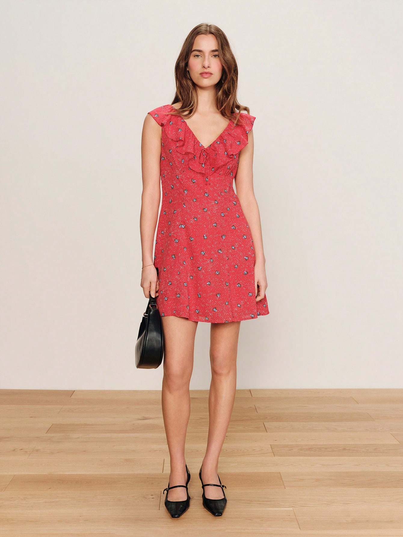 Red Floral Print A-Line Mini Dress With Ruffled Open Neckline At The Front And Back Cute Spring Summer Casual Holiday Dress Red Flower Dress Ruffle Dress French Style