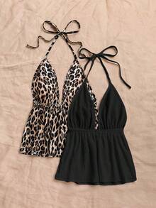 SHEIN PETITE CURVE 大码夏季休闲纯色及豹纹露背吊带上衣 - 彩色 - 查看 5