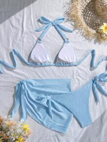 Swim Vcay 2026新款春夏女款3件式泳裝套裝，優雅泳衣與短褲，適合海邊度假 - 藍色 - 查看 2