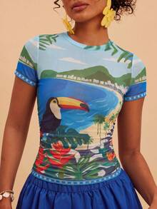 Travachic Women's Fitted Knit Mesh Printed Short Sleeve Round Neck Top, Suitable For Spring/Summer Vacation,Summer Top - Multicolor - View 4
