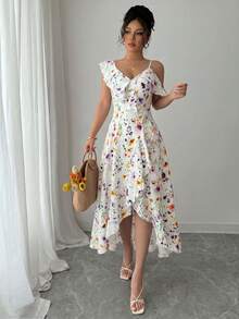 Elenzga Women's Asymmetric Ruffle Hem Floral Print Vacation Dress - Multicolor - View 3