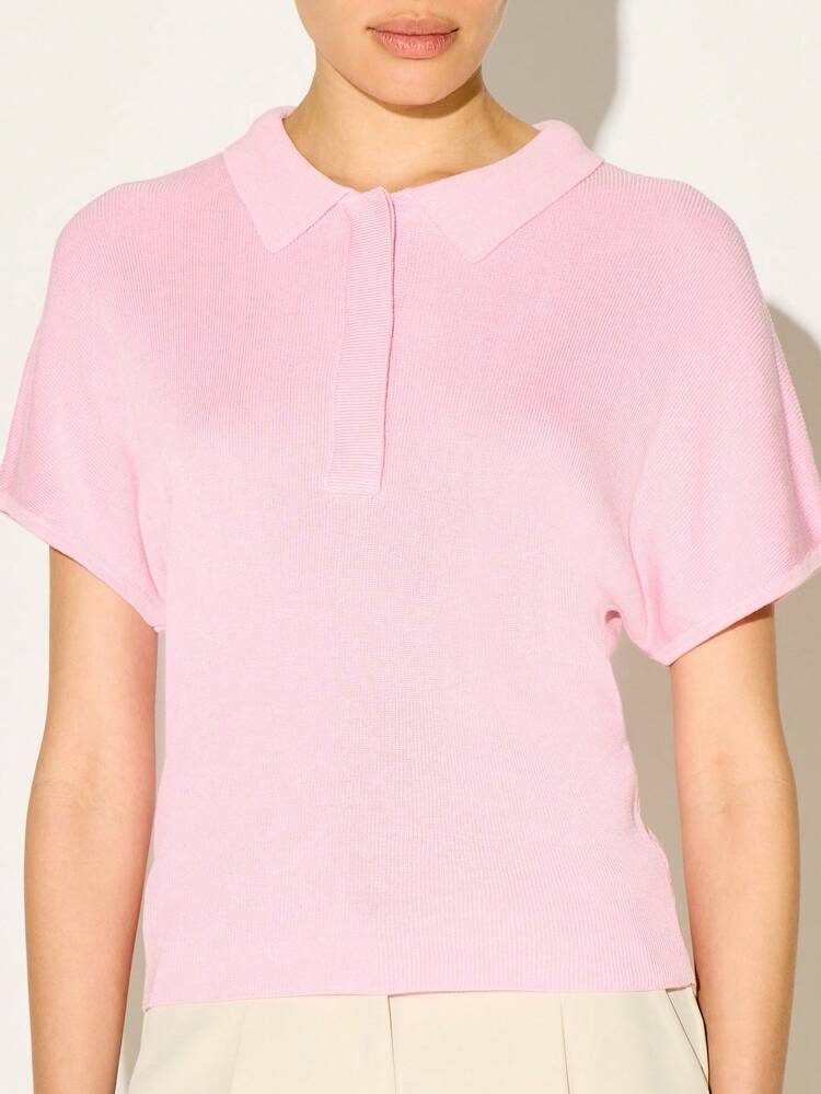 KSTM Women's Pink Ribbed Knit Polo Shirt Short Sleeve Collared Summer Top Button Front Casual Spring Lightweight Fitted Blouse