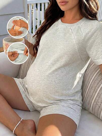 SHEIN 两件套孕妇纯色哺乳功能上衣和短裤休闲日常穿着套装