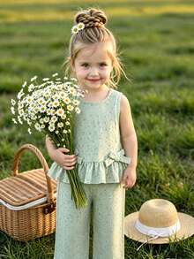 Vintaside Kids 2pcs/Set Baby Girl Casual Cute Bow Sleeveless Top And Pants Set - Green - View 6