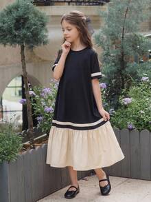 DAZY Tween Girls Round Neck Color Block Mid-Length Short Sleeve Dress Sun Dresses For Girl Summer - Apricot - View 2