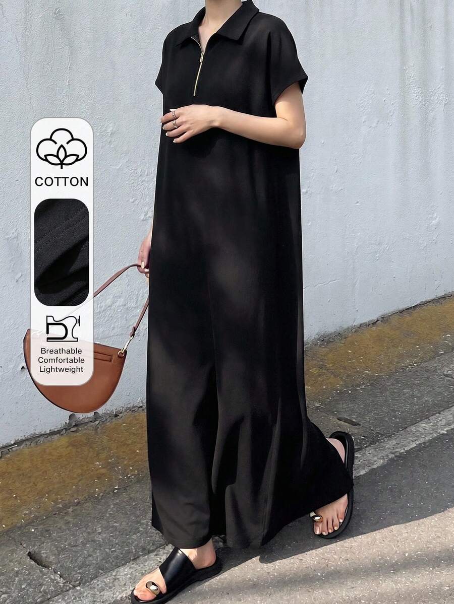 FRIFUL Đầm ngắn tay dáng rộng màu trơn, khóa kéo kim loại, thích hợp cho nữ mùa hè, đi nghỉ mát hoặc tốt nghiệp. - màu đen - Xem 1