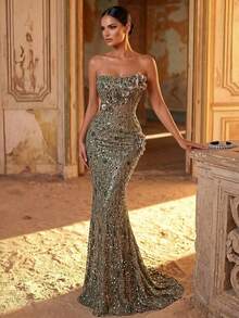 Glamrae Elegant Luxurious Beaded Sequin Embroidered 3D Floral Strapless Mermaid Dress Heavy Embellishment Gown For Weddings Rehearsal Dinner Parties Galas - Light Yellow - View 3