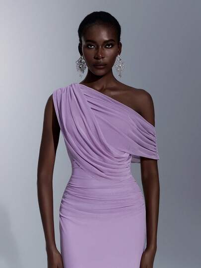 Elitara Elegant Luxurious Handcrafted Rhinestone Decorated Off Shoulder Sleeve Splice Elastic Satin Ruched Fishtail Dress, Suitable For Weddings, Parties, Vacations, Balls, And Formal Occasions