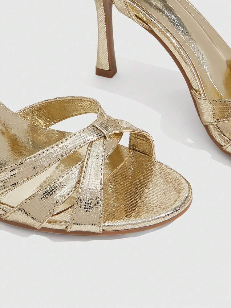 CUCCOO SZL Women Shoes Gold Metal PU Cross Ankle Strap Fashion Elegance Temperament Round Head High Heel Sandals