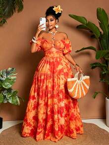 Maweii Plus Size Tie-Dye Print Off-Shoulder Casual Dress - Red - View 5
