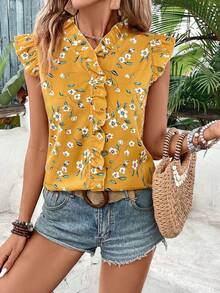 EMERY ROSE Women's Floral Print Frill Trim Casual Blouse - Yellow - View 4