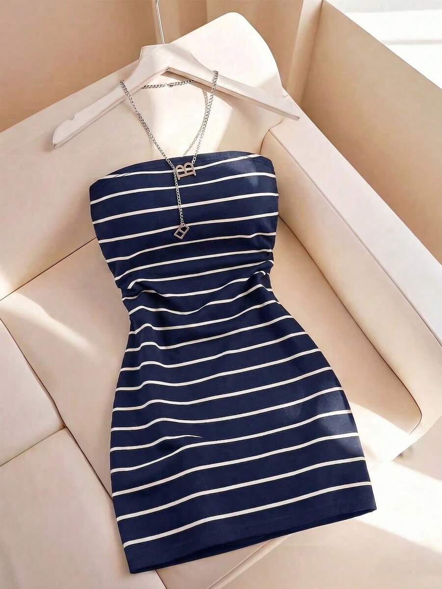 Resyla Gaun Tube Wanita Model Baru dengan Motif Garis-Garis, Leher Bulat, dan Potongan Pas Badan, Musim Semi/Panas - MultiWarna - View 1