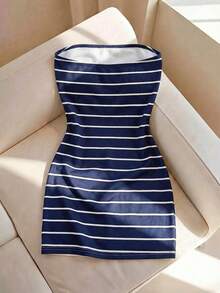 Vestido tubo ajustado de cuello redondo con estampado de rayas para mujer, primavera/verano - Multicolor 6 - Ver 2
