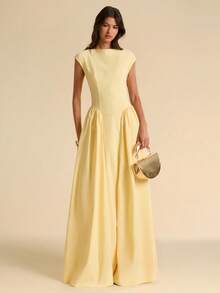 SHEIN BAE Đầm ngắn tay màu vàng trơn, dáng chữ A, ôm eo, thanh lịch, phong cách vintage, thích hợp cho sinh nhật, tiệc trà, tiệc brunch, tựu trường, tiệc chiêu đãi, tiệc tùng. - Màu vàng - Xem 4