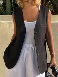 DAZY Jaqueta feminina sem mangas com decote em V, modelagem solta e cor sólida, elegante e formal para férias no verão. - Preto - Ver 4
