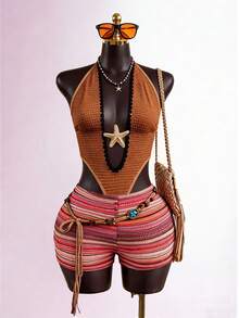 SaltGleam SaltGleam Sexy Vacation Style Tie Halter Neck Deep V-Neck Pentagram Decor Multi-Color Striped Crochet Hollow Out Jumpsuit - Multicolor - View 3